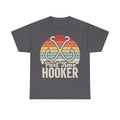 T-shirt with retro sunset stripes and crossed fishing hooks graphic and Part Time Hooker text on dark gray fabric