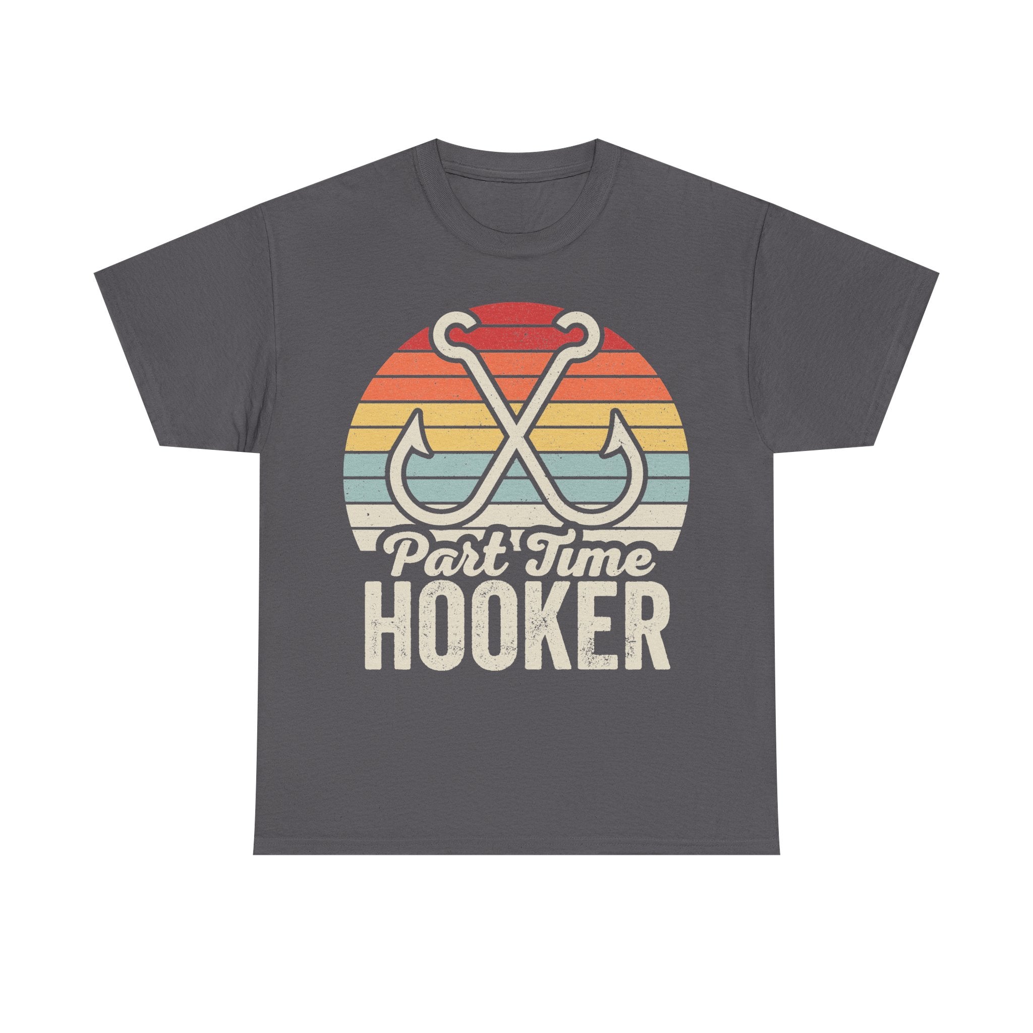 T-shirt with retro sunset stripes and crossed fishing hooks graphic and Part Time Hooker text on dark gray fabric
