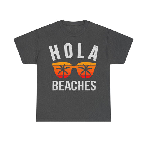 T-shirt with distressed white HOLA BEACHES text and orange palm-tree sunset graphic on charcoal gray fabric.