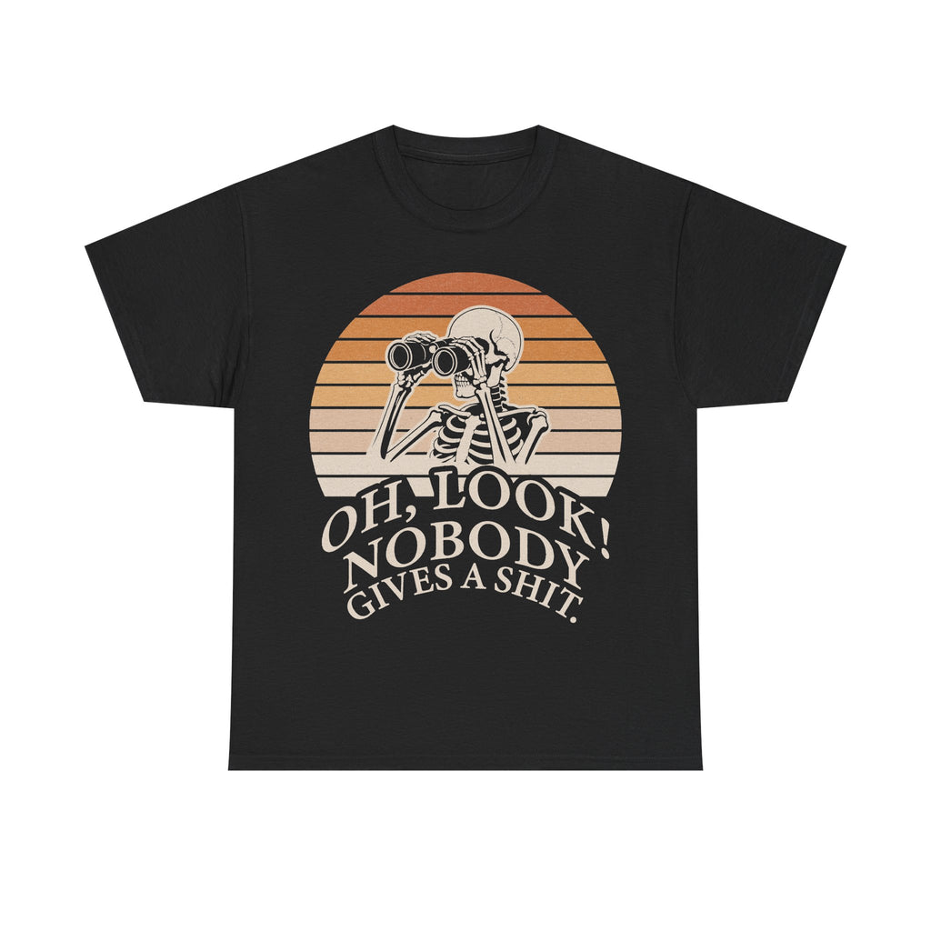 Black T-shirt with skeleton holding binoculars against an orange retro sunset and OH, LOOK NOBODY GIVES A SHIT