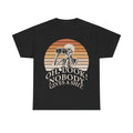 Black T-shirt with skeleton holding binoculars against an orange retro sunset and OH, LOOK NOBODY GIVES A SHIT
