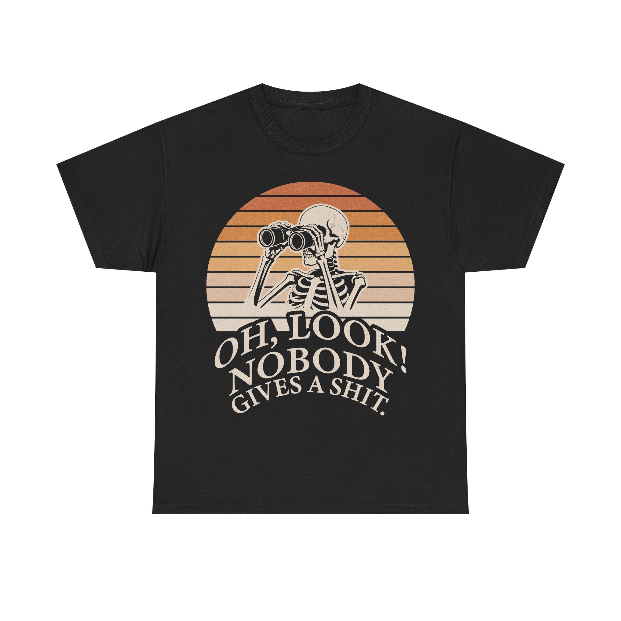 Black T-shirt with skeleton holding binoculars against an orange retro sunset and OH, LOOK NOBODY GIVES A SHIT