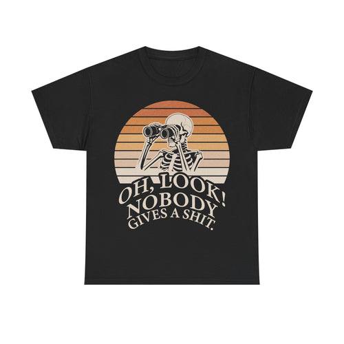 Black T-shirt with skeleton holding binoculars against an orange retro sunset and OH, LOOK NOBODY GIVES A SHIT