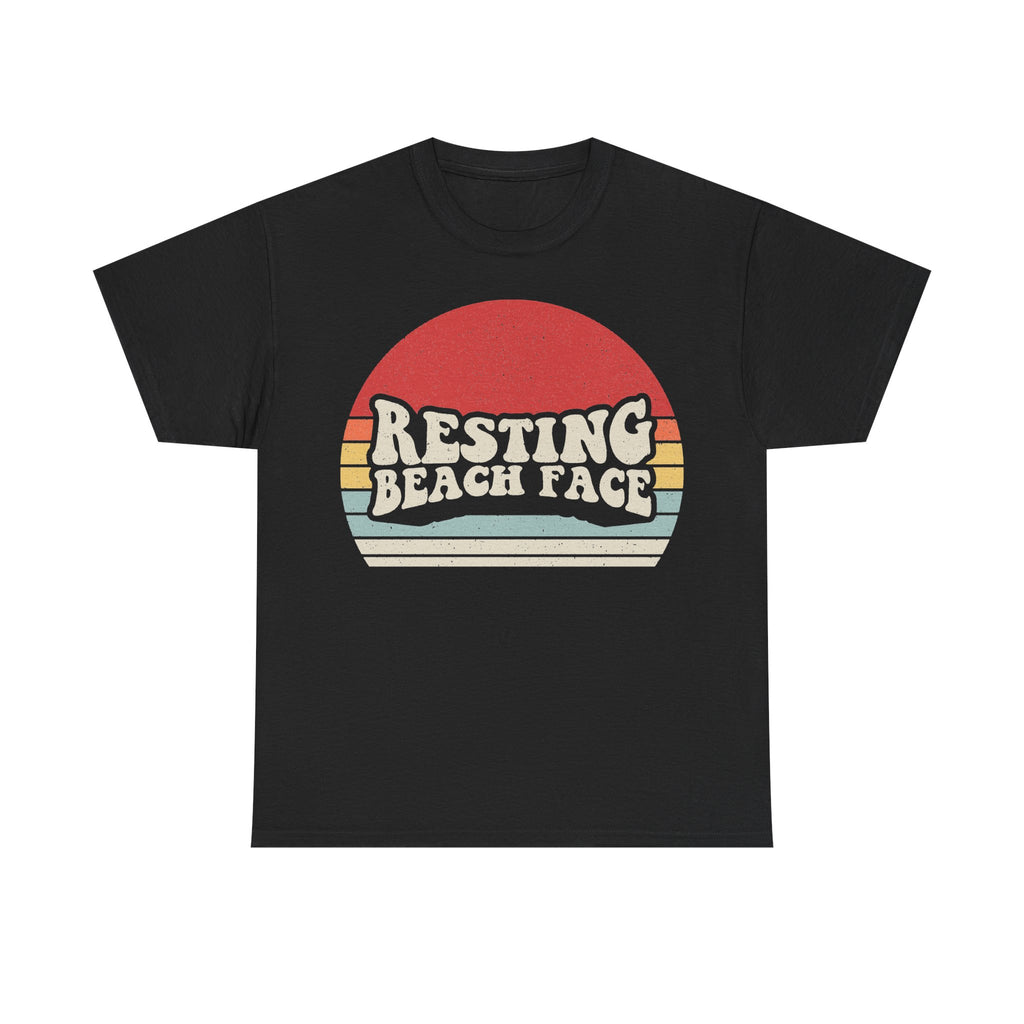 T-shirt, black, with retro sunset graphic and bold RESTING BEACH FACE slogan on front.