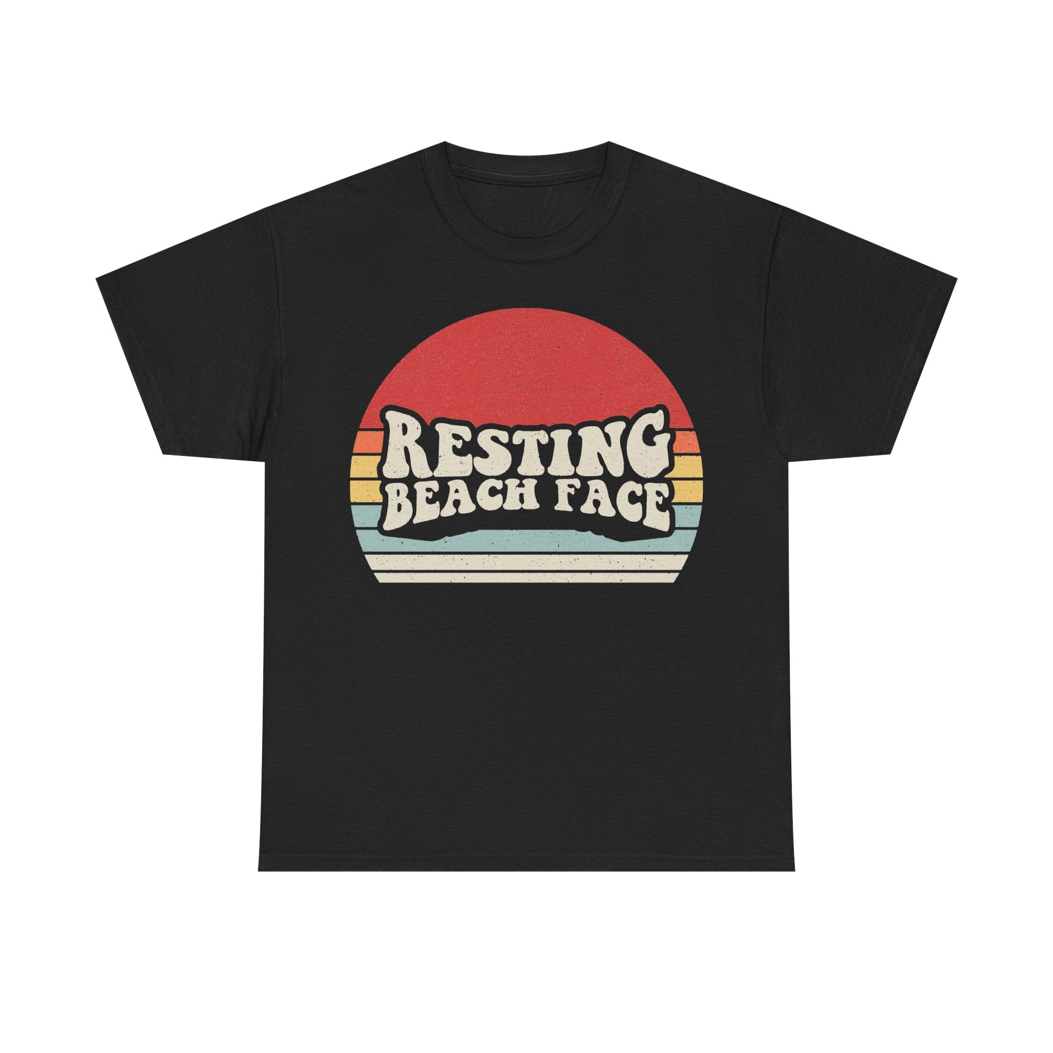 T-shirt, black, with retro sunset graphic and bold RESTING BEACH FACE slogan on front.
