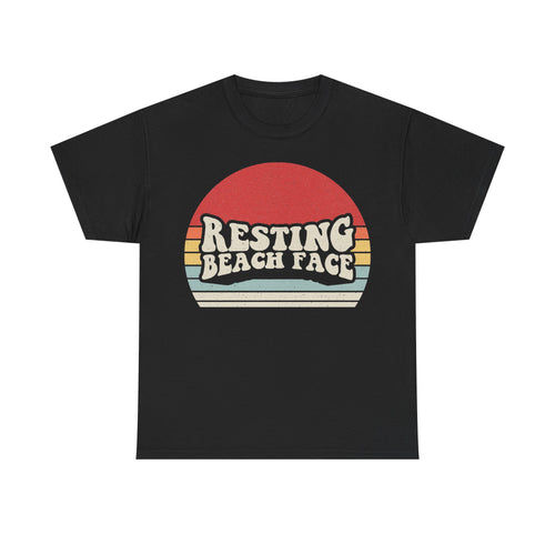 T-shirt, black, with retro sunset graphic and bold RESTING BEACH FACE slogan on front.