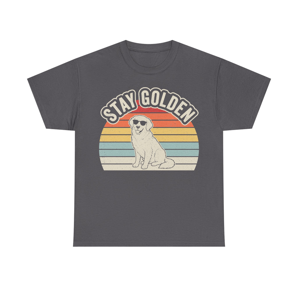 Stay Golden Vintage Sunset Dog Illustration Shirt Retro Style On Black Cotton Tee