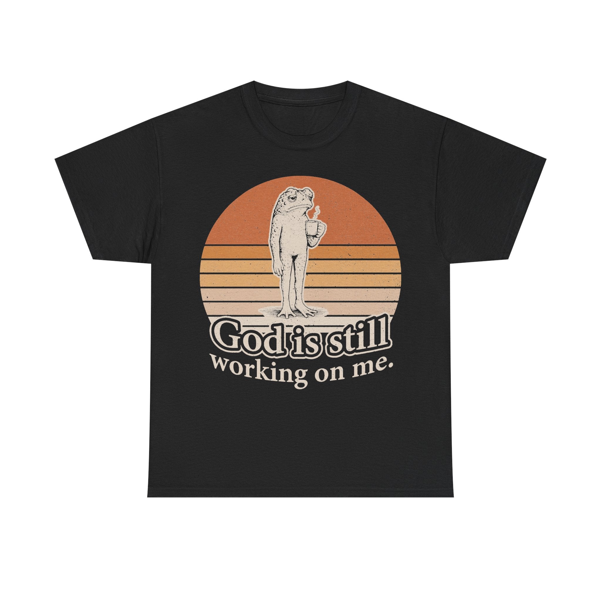 God Is Still Working On Me Christian T-Shirt With Frog Coffee Sunset Retro Design