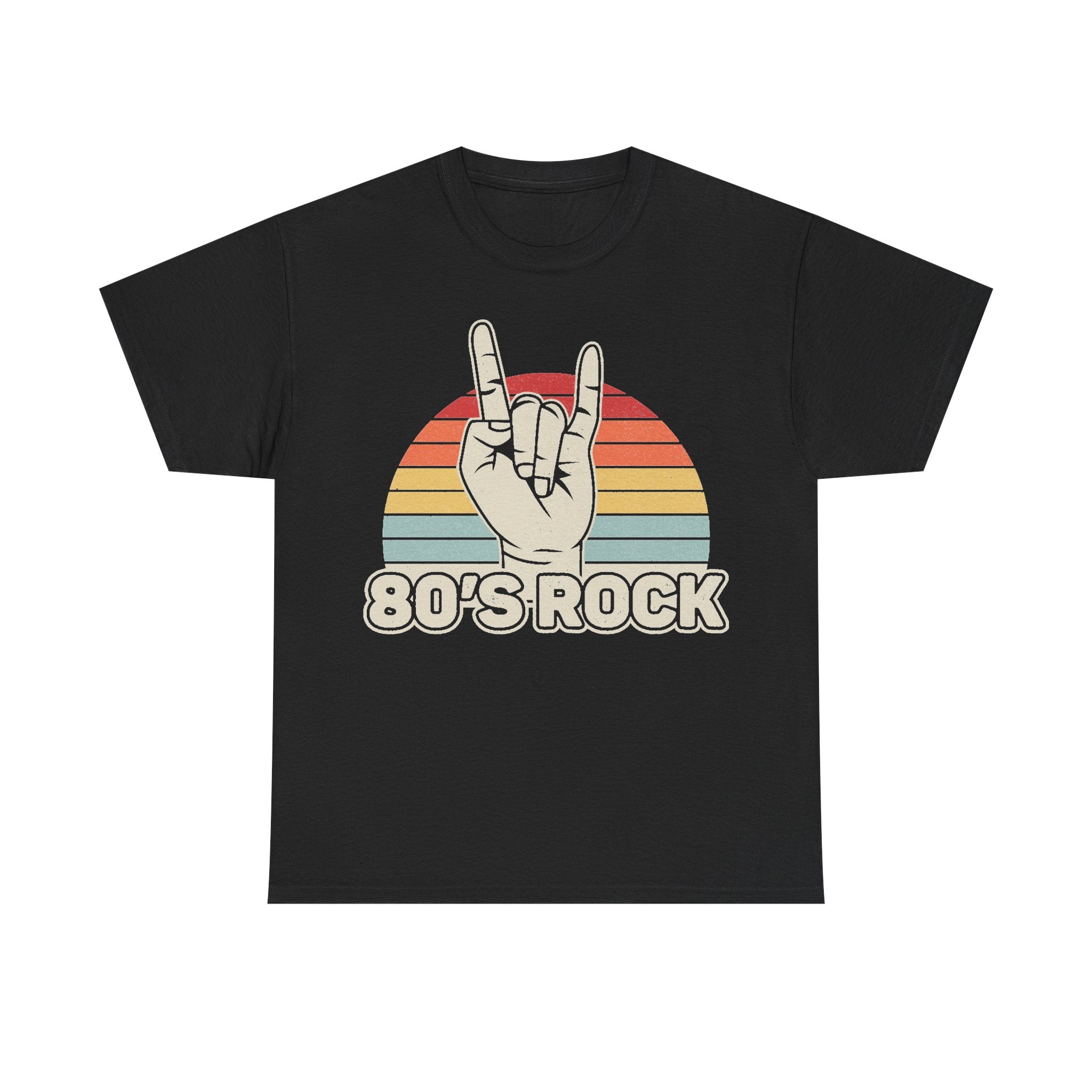 80s Rock Sunset Hand Horns Tee For Retro Music Lovers