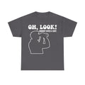 Unisex T-shirt, charcoal gray with white line art and bold text OH, LOOK! NOBODY GIVES A SHIT.