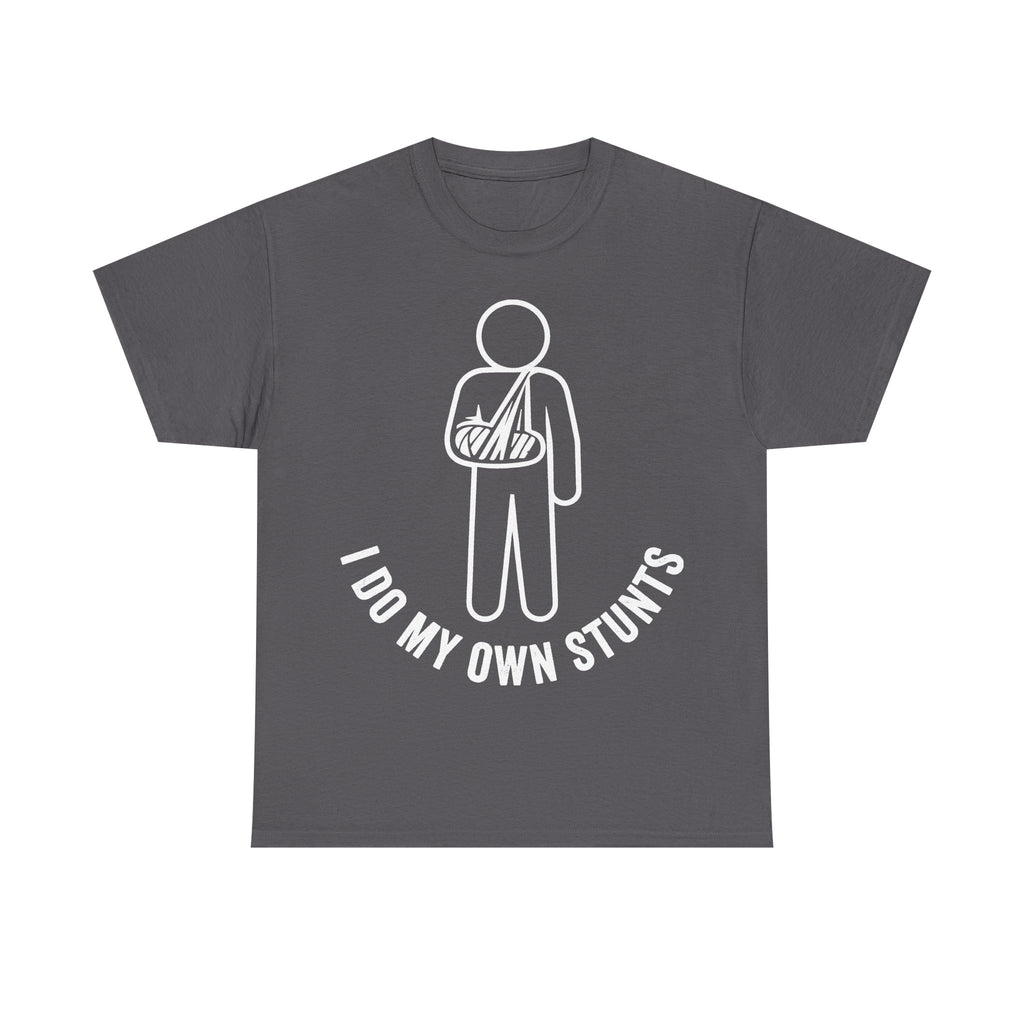 T-shirt, dark gray, with white minimalist line art of a person in a sling and I DO MY OWN STUNTS.
