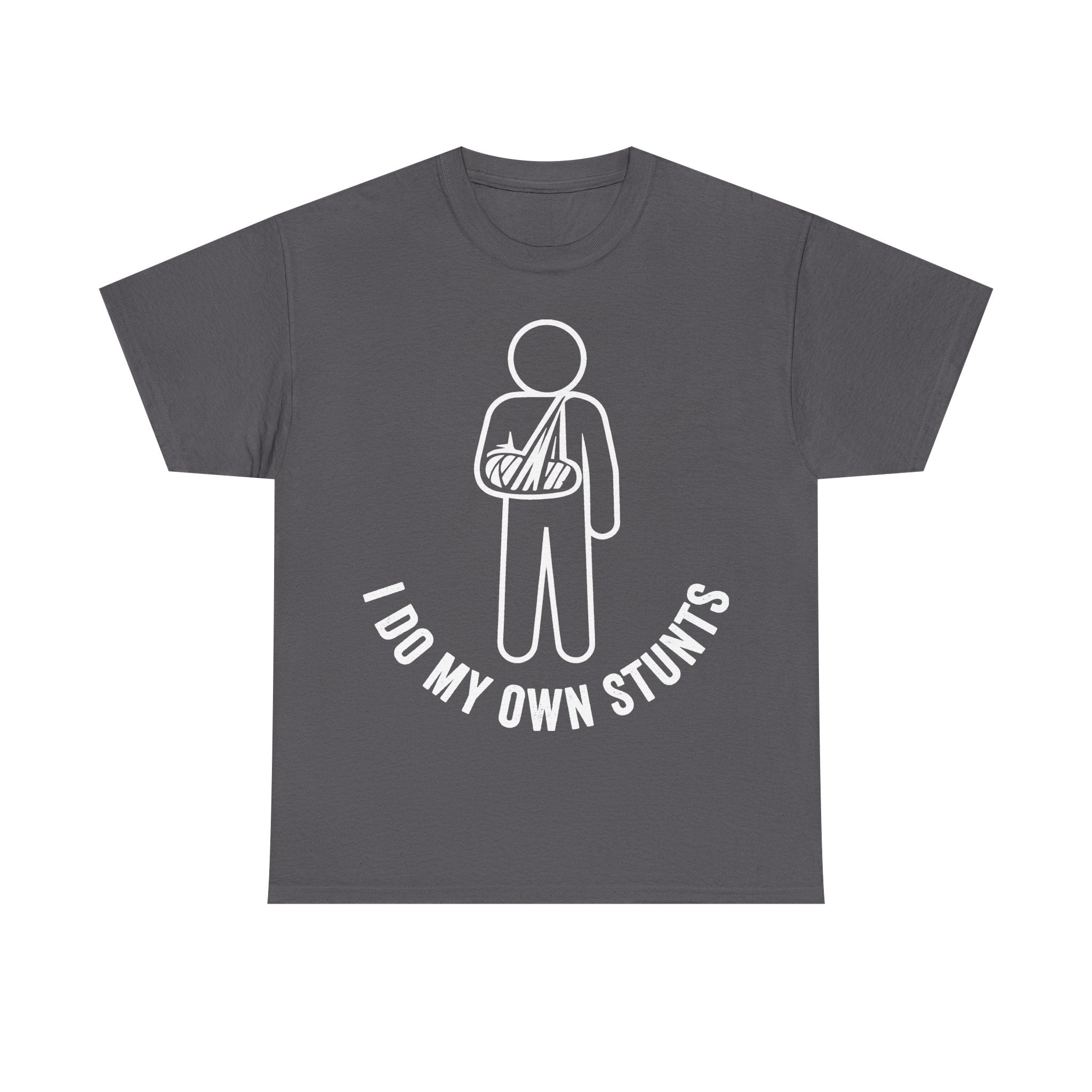 T-shirt, dark gray, with white minimalist line art of a person in a sling and I DO MY OWN STUNTS.