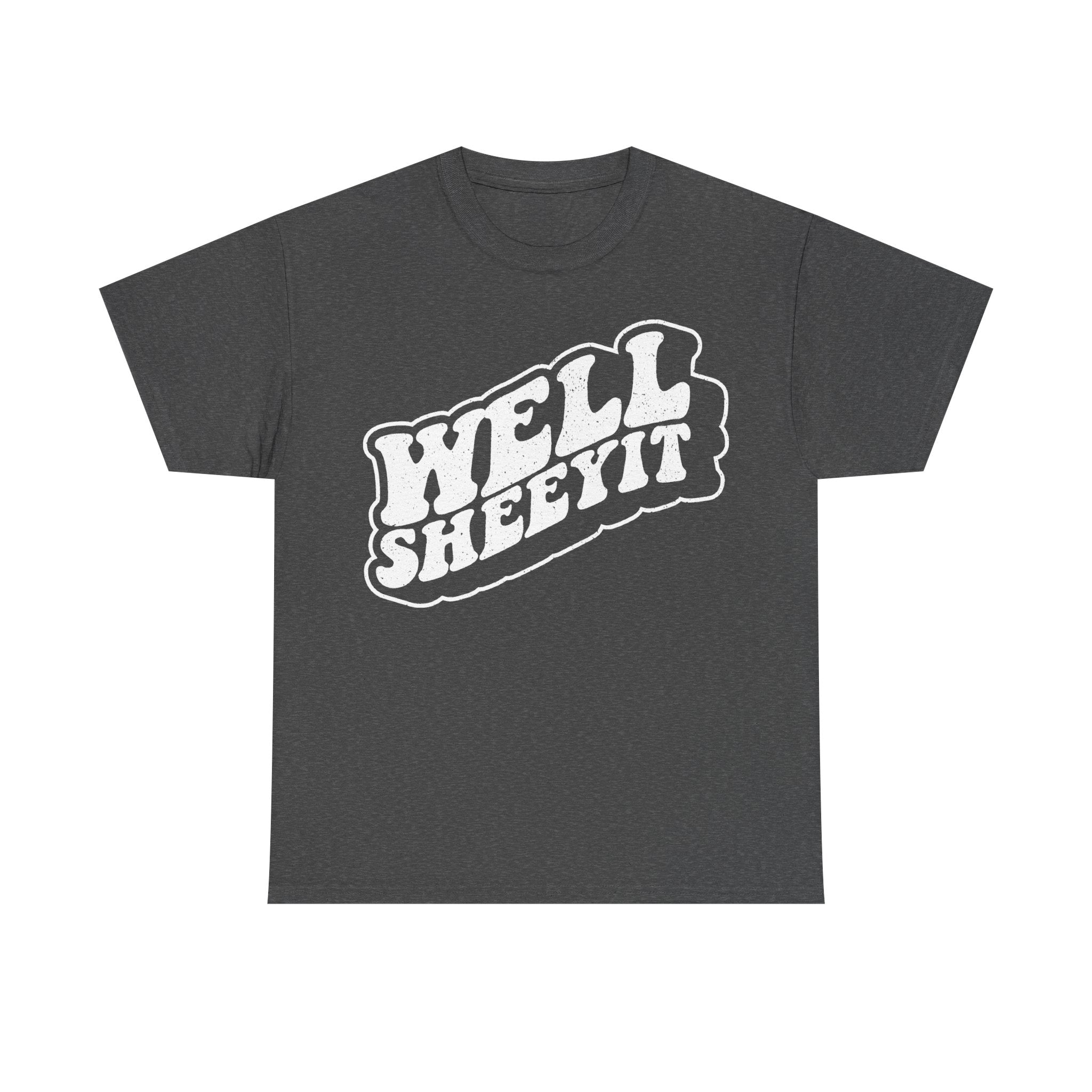 Black unisex T-shirt with a large distressed white text logo across the front in retro typography.
