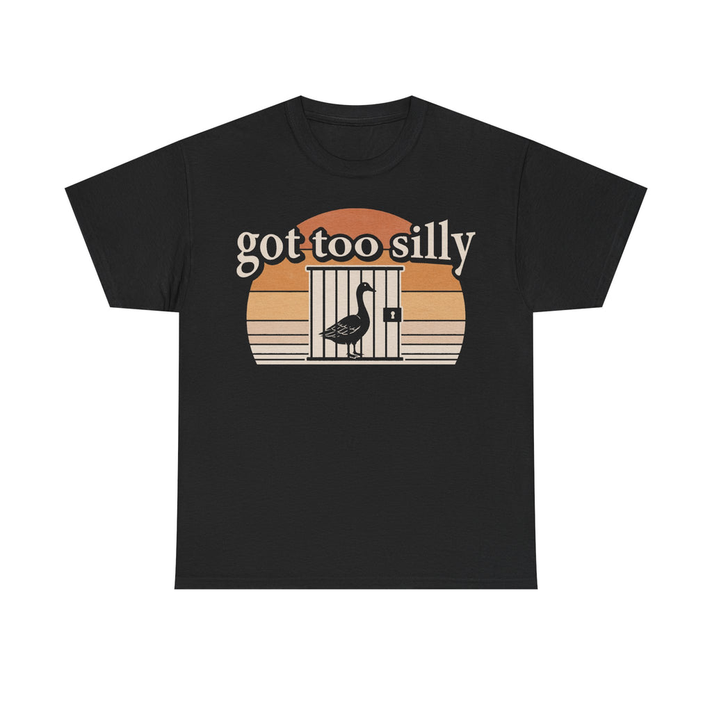 T-shirt, black, vintage sunset birdcage design with a bird and the text got too silly