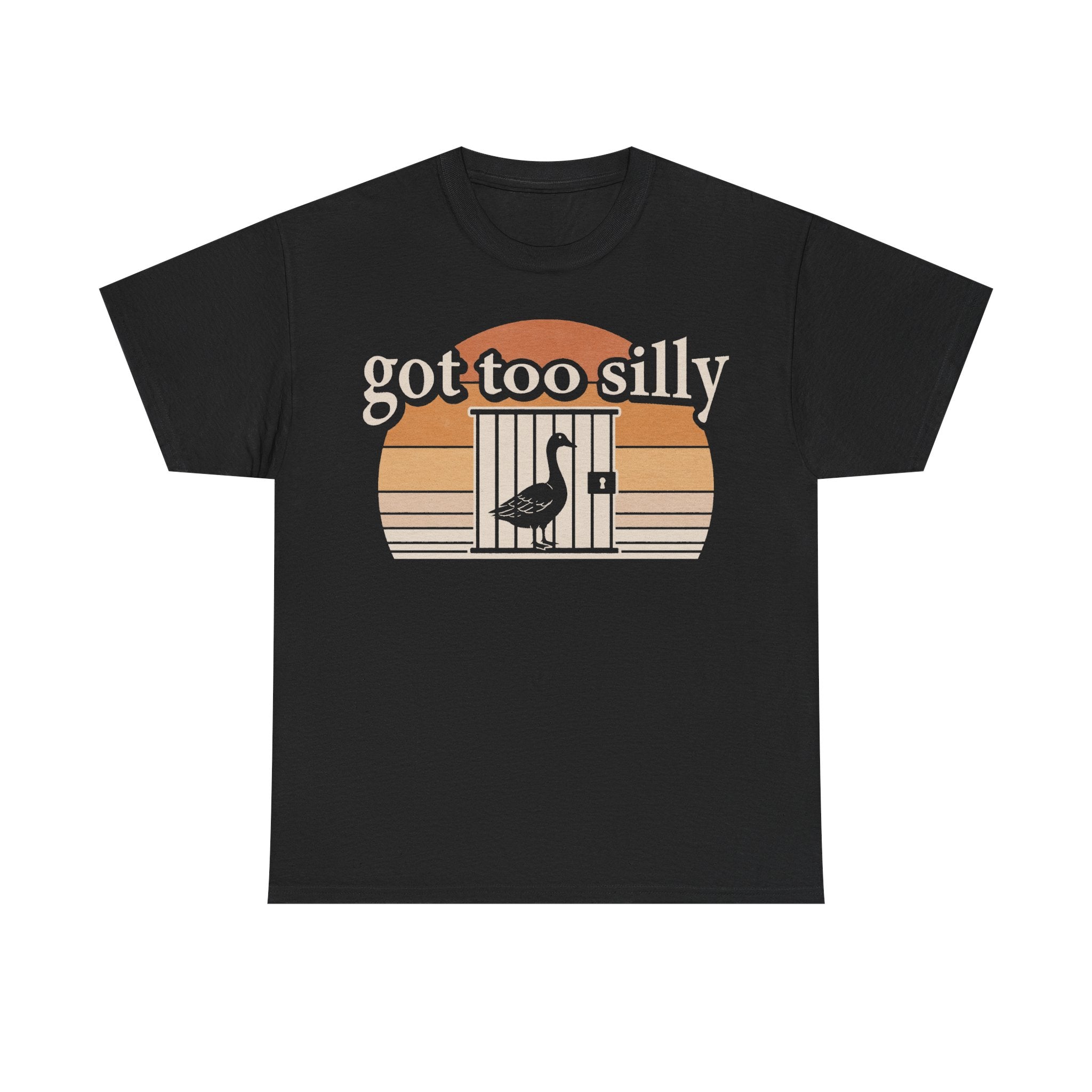 T-shirt, black, vintage sunset birdcage design with a bird and the text got too silly