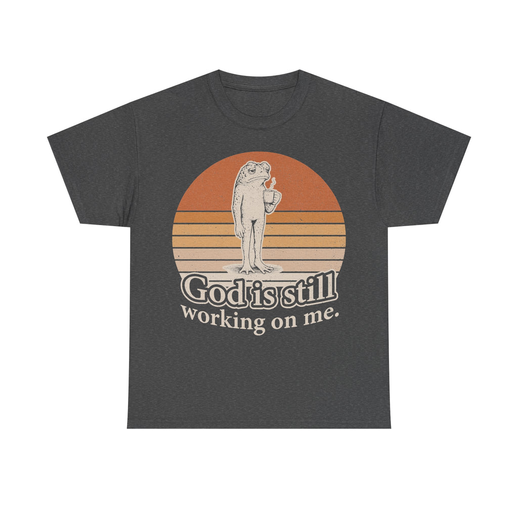 God Is Still Working On Me Christian T-Shirt With Frog Coffee Sunset Retro Design
