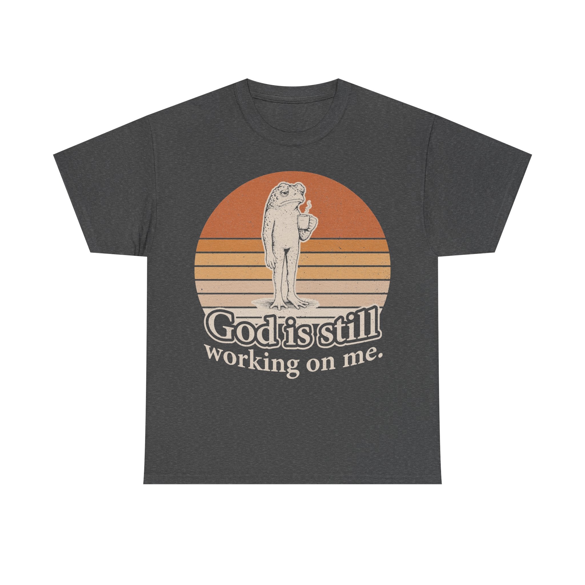 God Is Still Working On Me Christian T-Shirt With Frog Coffee Sunset Retro Design