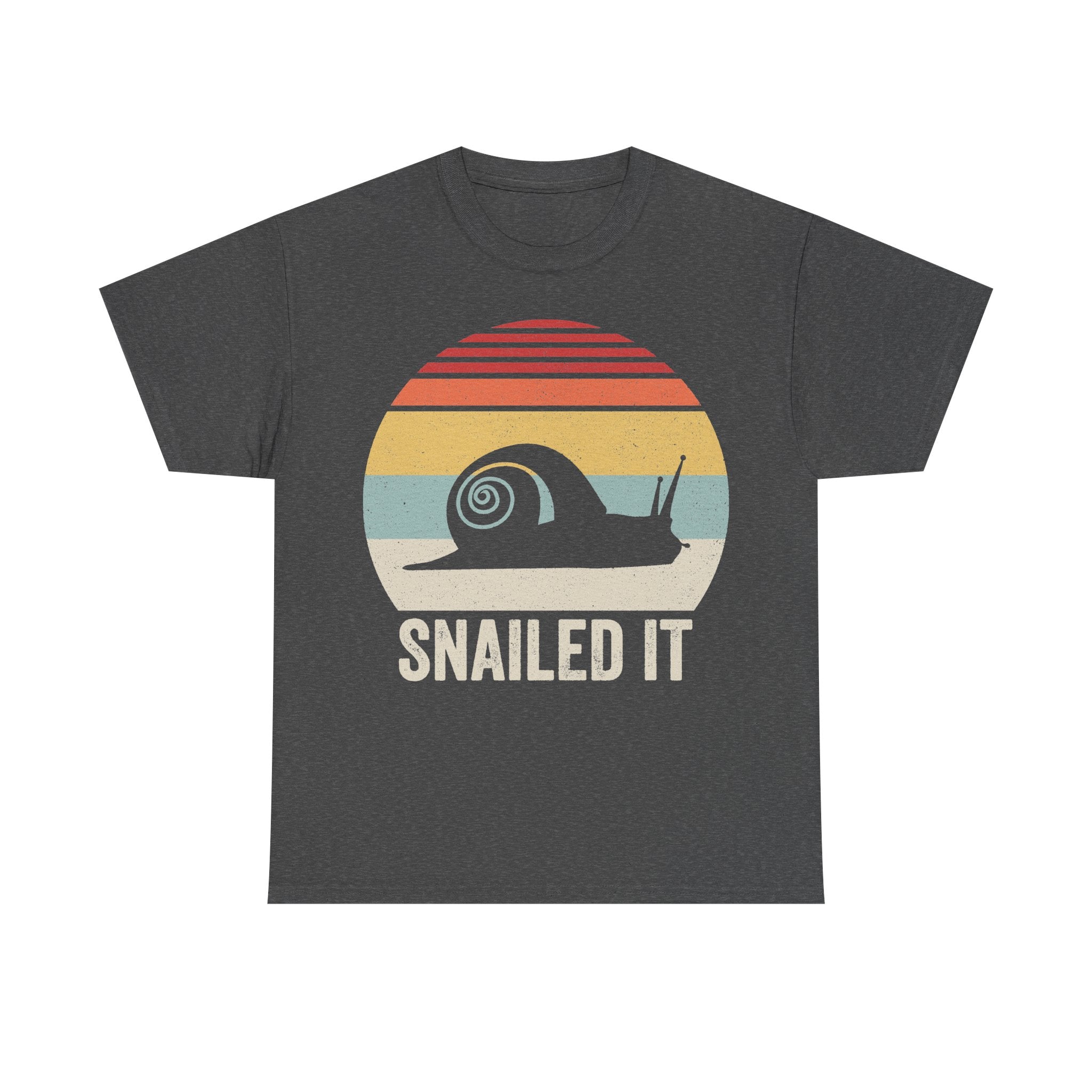 T-shirt, dark heather gray with retro sunset snail graphic and SNAILED IT text