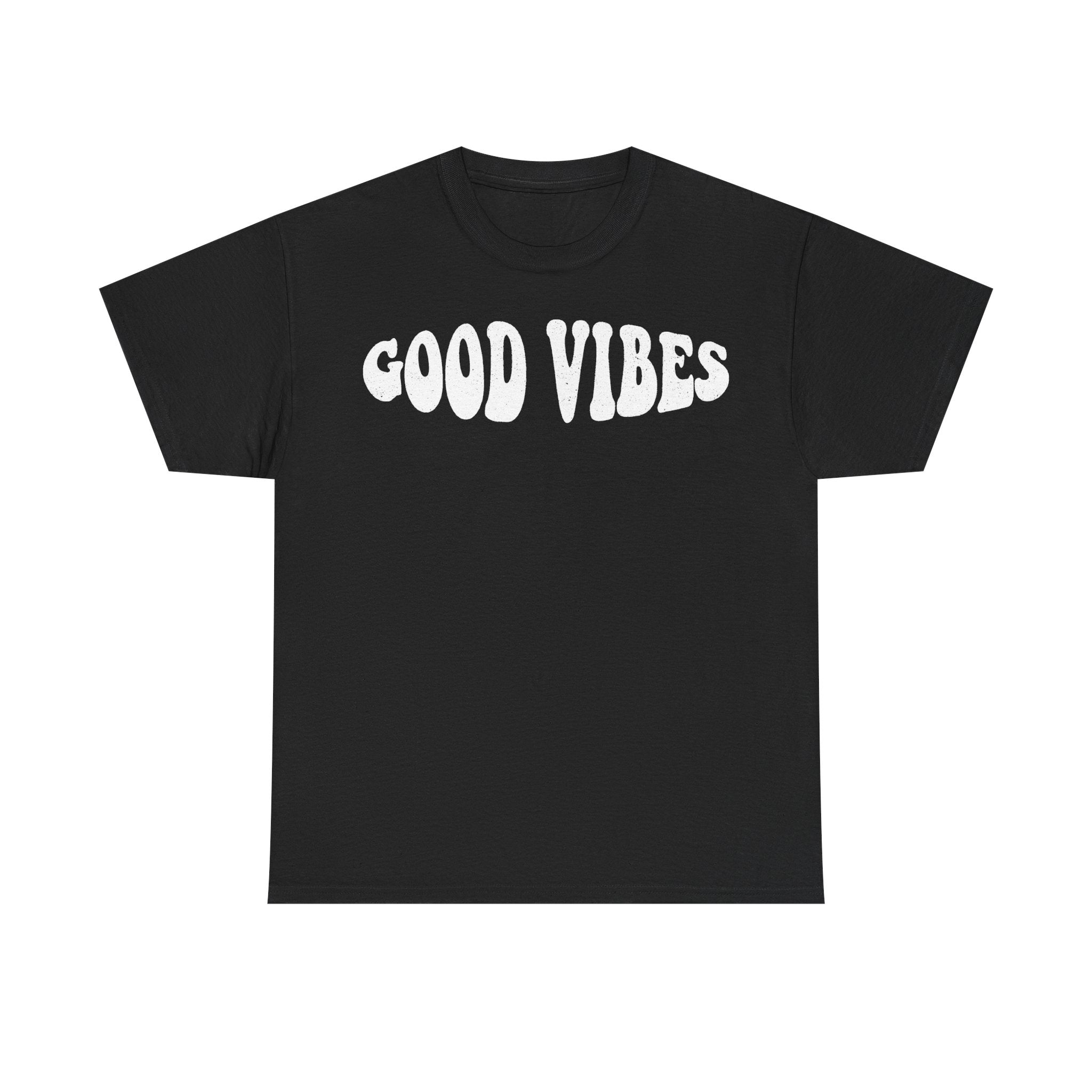 T-shirt, black with distressed white GOOD VIBES lettering across the chest in bold retro font.