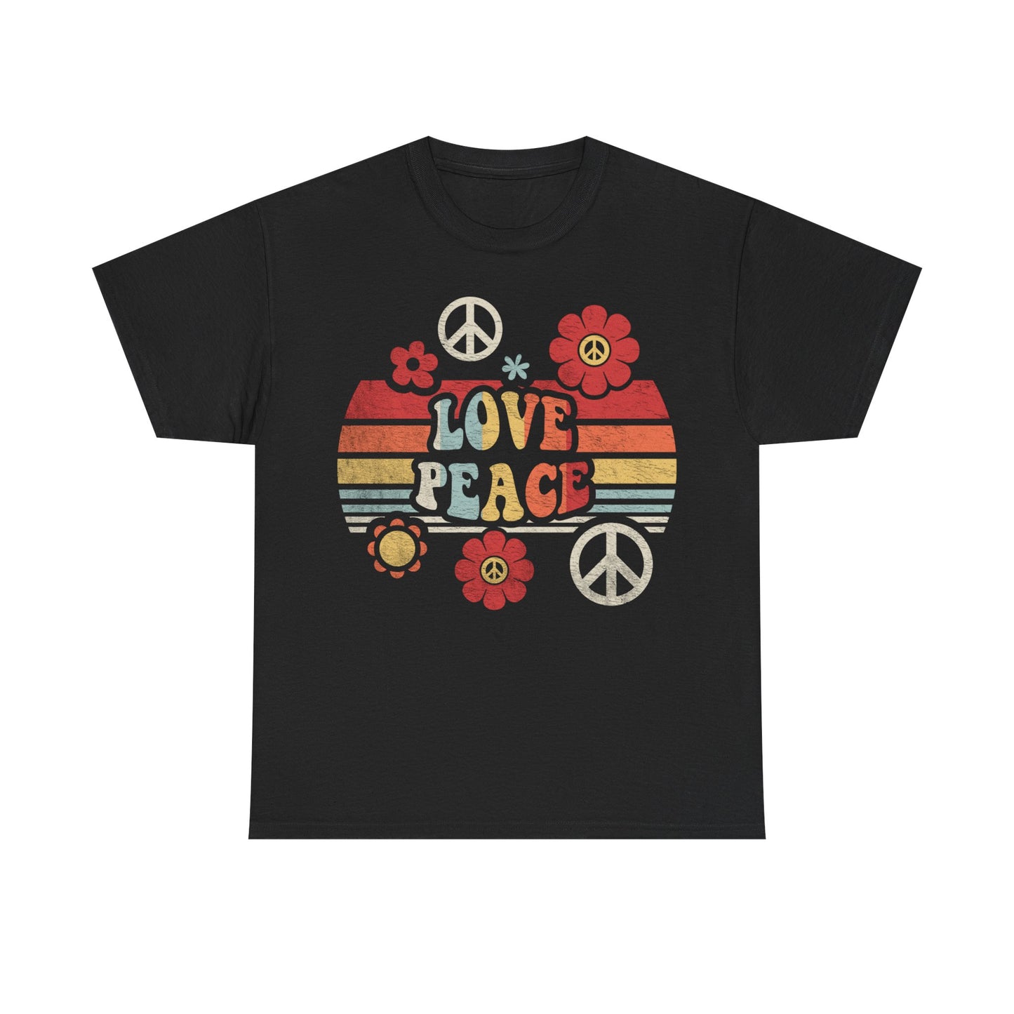 Love & Peace Retro Heart Tee — Vintage 70s Flower Power T‑Shirt