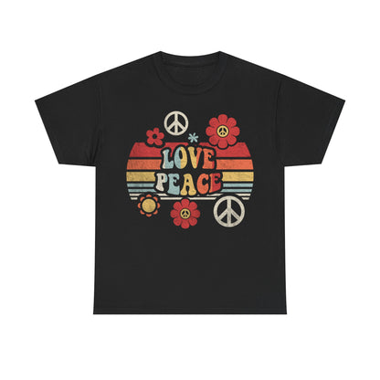 Love & Peace Retro Heart Tee — Vintage 70s Flower Power T‑Shirt