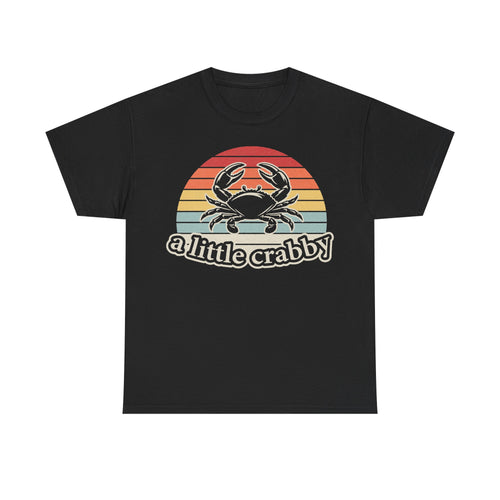 T-shirt, black, featuring a retro sunset circle and crab graphic with the phrase a little crabby.