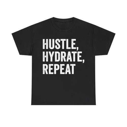 Unisex black T-shirt with retro white distressed HUSTLE, HYDRATE, REPEAT text