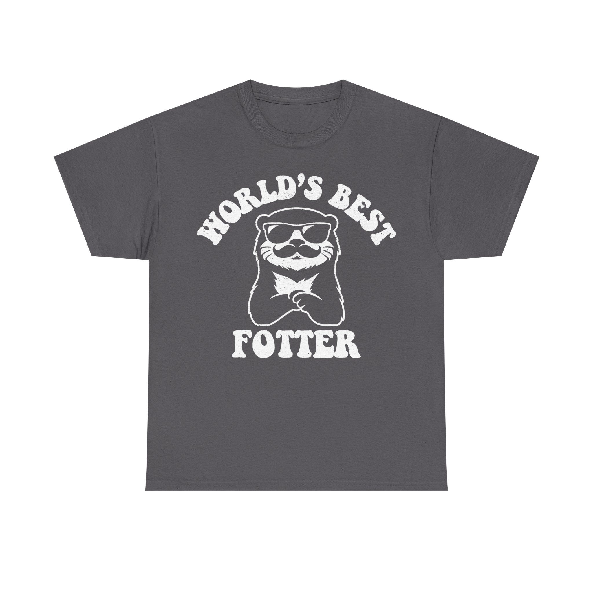 Dark gray T-shirt with white circular badge featuring sunglasses-wearing otter and World's Best Otter text.