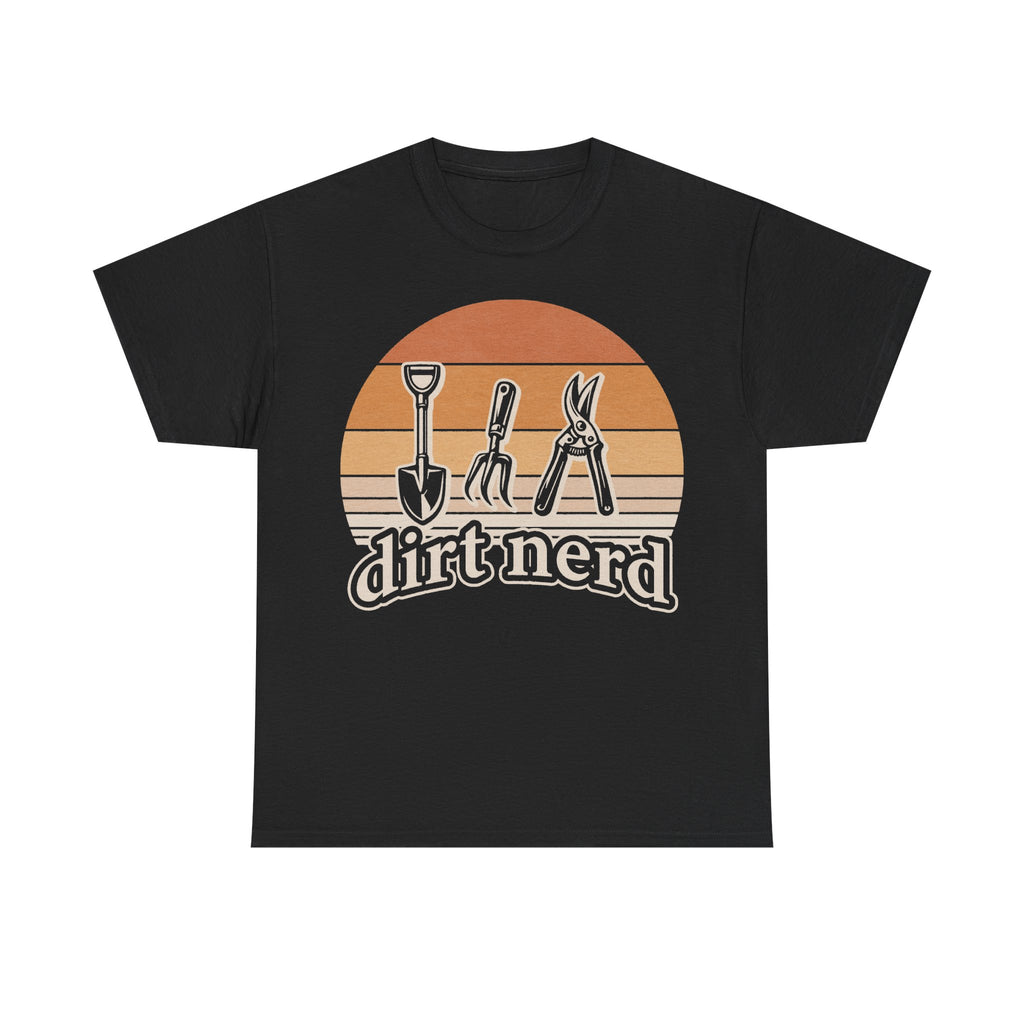 Dirt Nerd Gardening Tools Retro Sunset Illustration Tee For Garden Lovers And Plant Parents