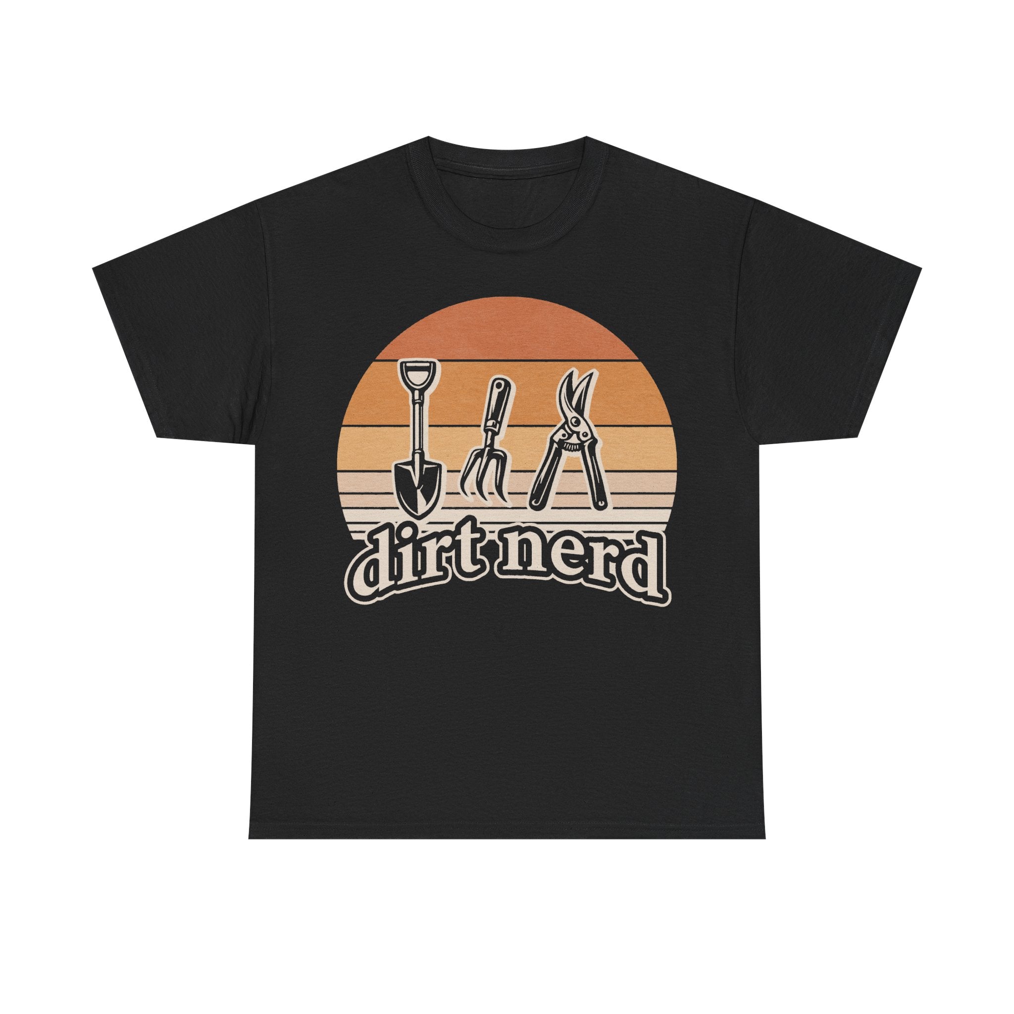 Dirt Nerd Gardening Tools Retro Sunset Illustration Tee For Garden Lovers And Plant Parents