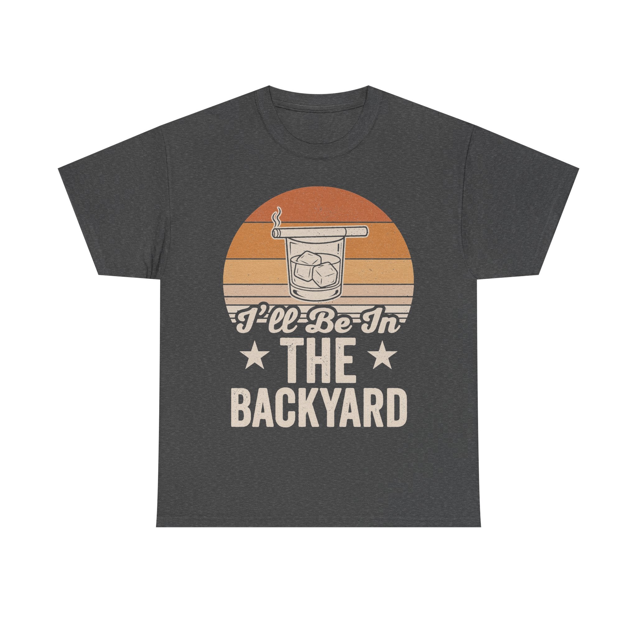 I'll Be In The Backyard Retro Sunset Drink Illustration On Vintage Black T Shirt