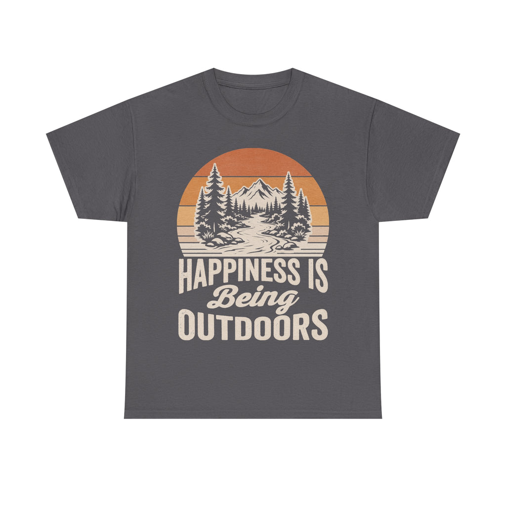 Happiness Is Being Outdoors Vintage Mountain Scene T Shirt For Nature Lovers And Hikers