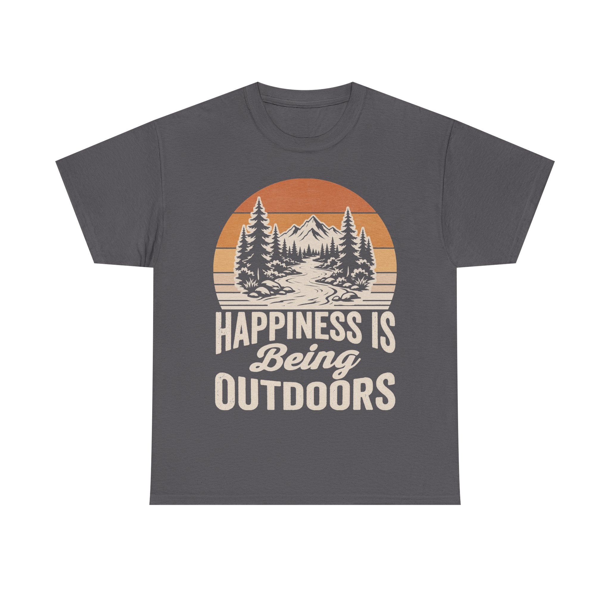 Happiness Is Being Outdoors Vintage Mountain Scene T Shirt For Nature Lovers And Hikers