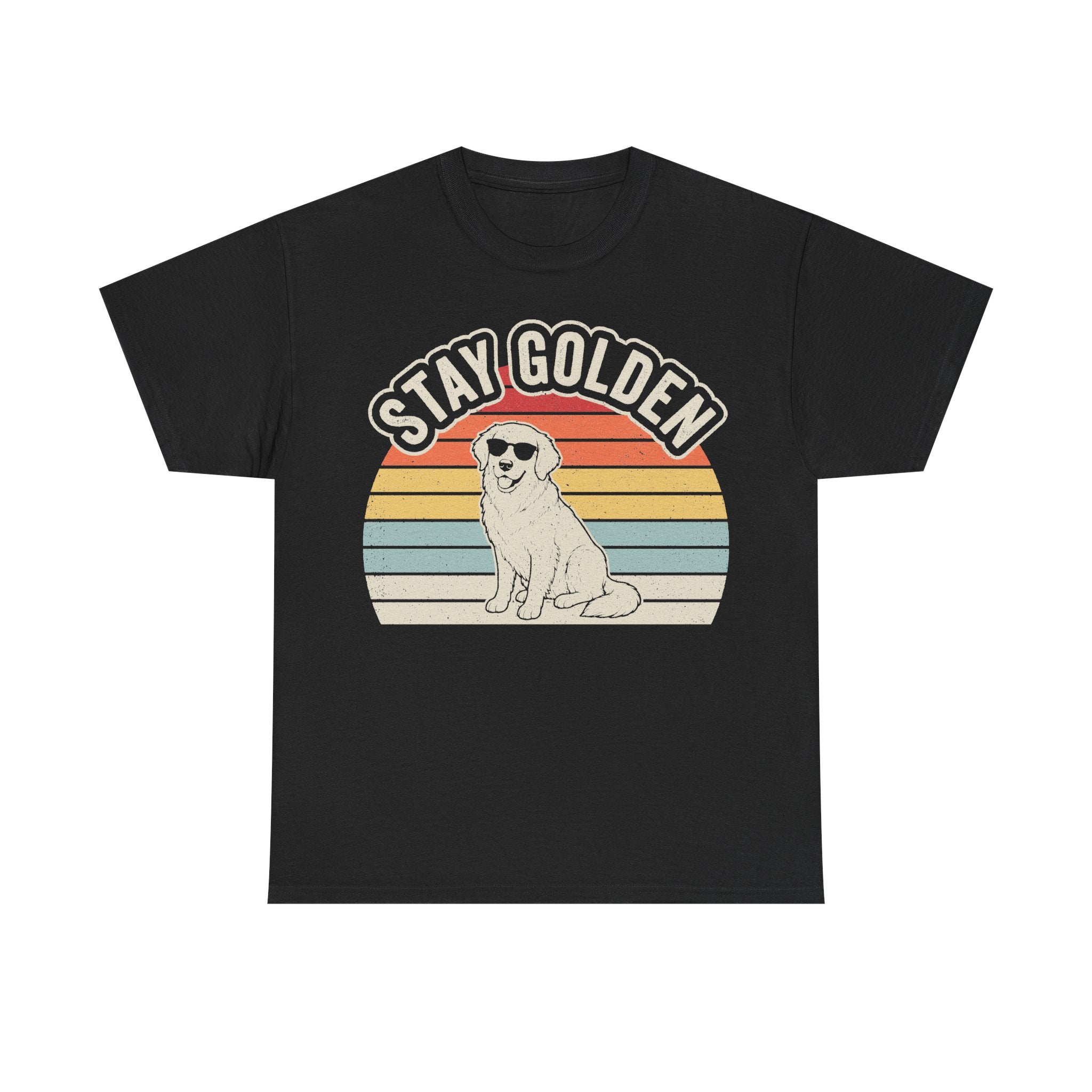 Stay Golden Vintage Sunset Dog Illustration Shirt Retro Style On Black Cotton Tee