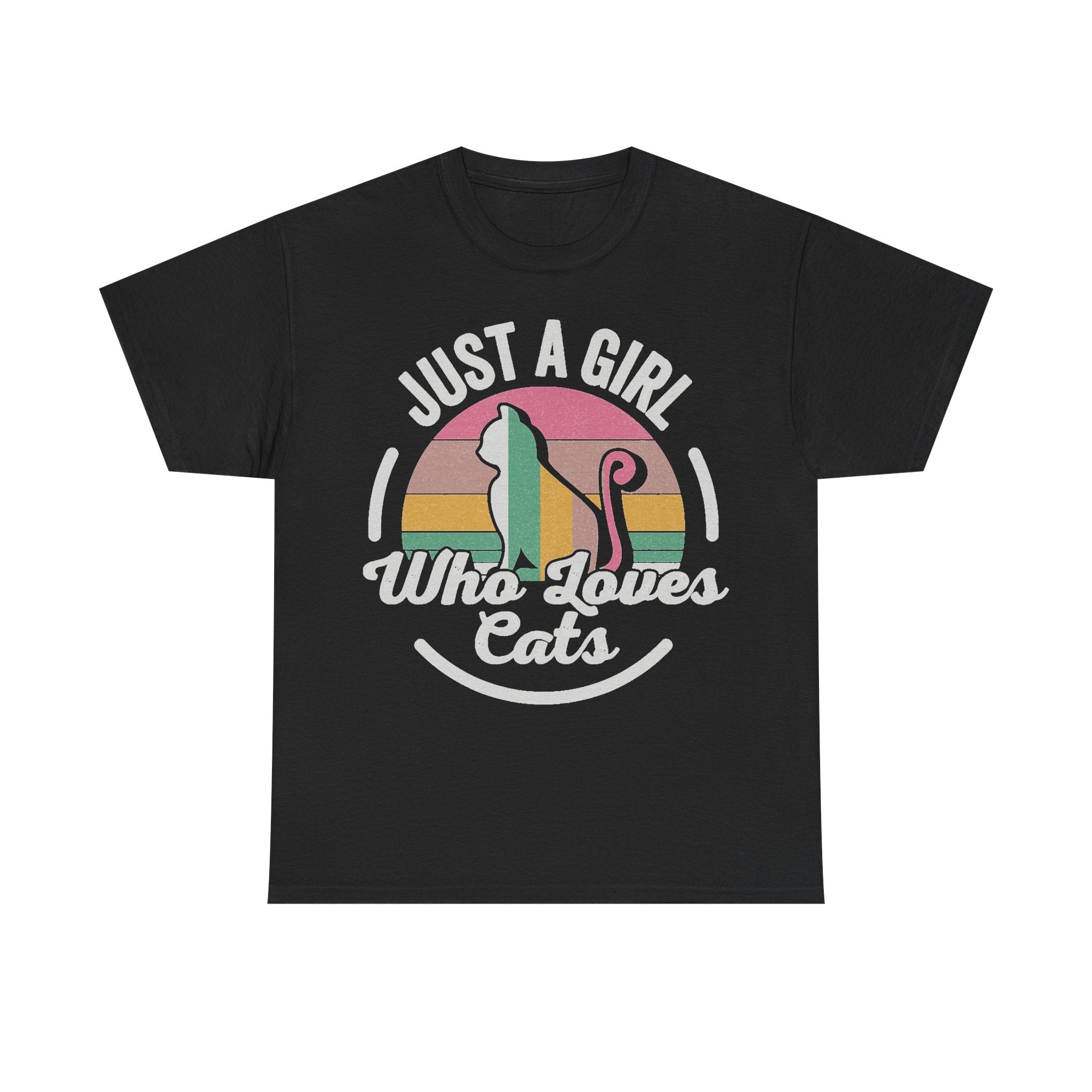 Black t-shirt with vintage rainbow circle graphic and cat illustration; text Just A Girl Who Loves Cats.