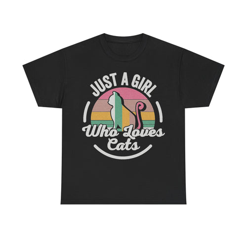 Black t-shirt with vintage rainbow circle graphic and cat illustration; text Just A Girl Who Loves Cats.