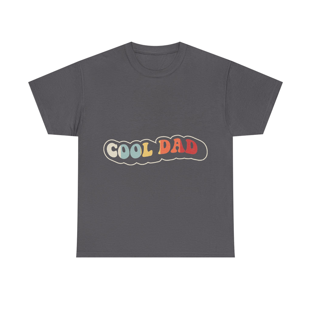 T-shirt in dark gray with retro rainbow COOL DAD text inside a cloud outline graphic