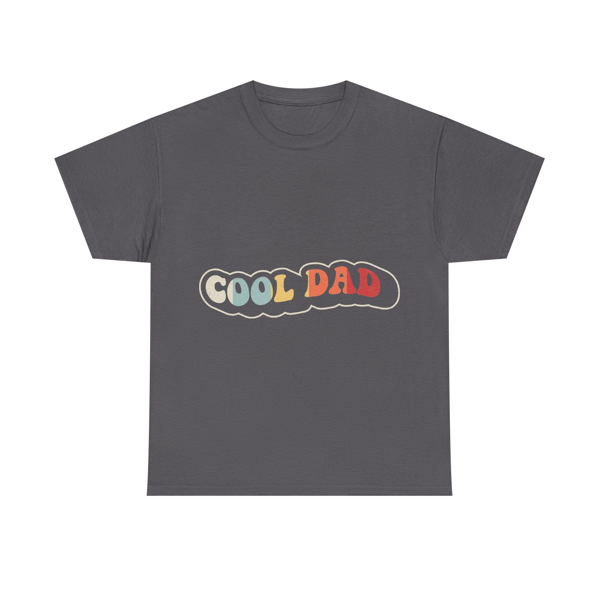 T-shirt in dark gray with retro rainbow COOL DAD text inside a cloud outline graphic