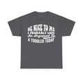 T-shirt dark gray with white distressed text Be Nice To Me I Probably Lost An Argument To A Toddler Today