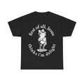 T-shirt, black with bold white frog illustration wearing a bow tie, holding a mug, inside a circular text design.