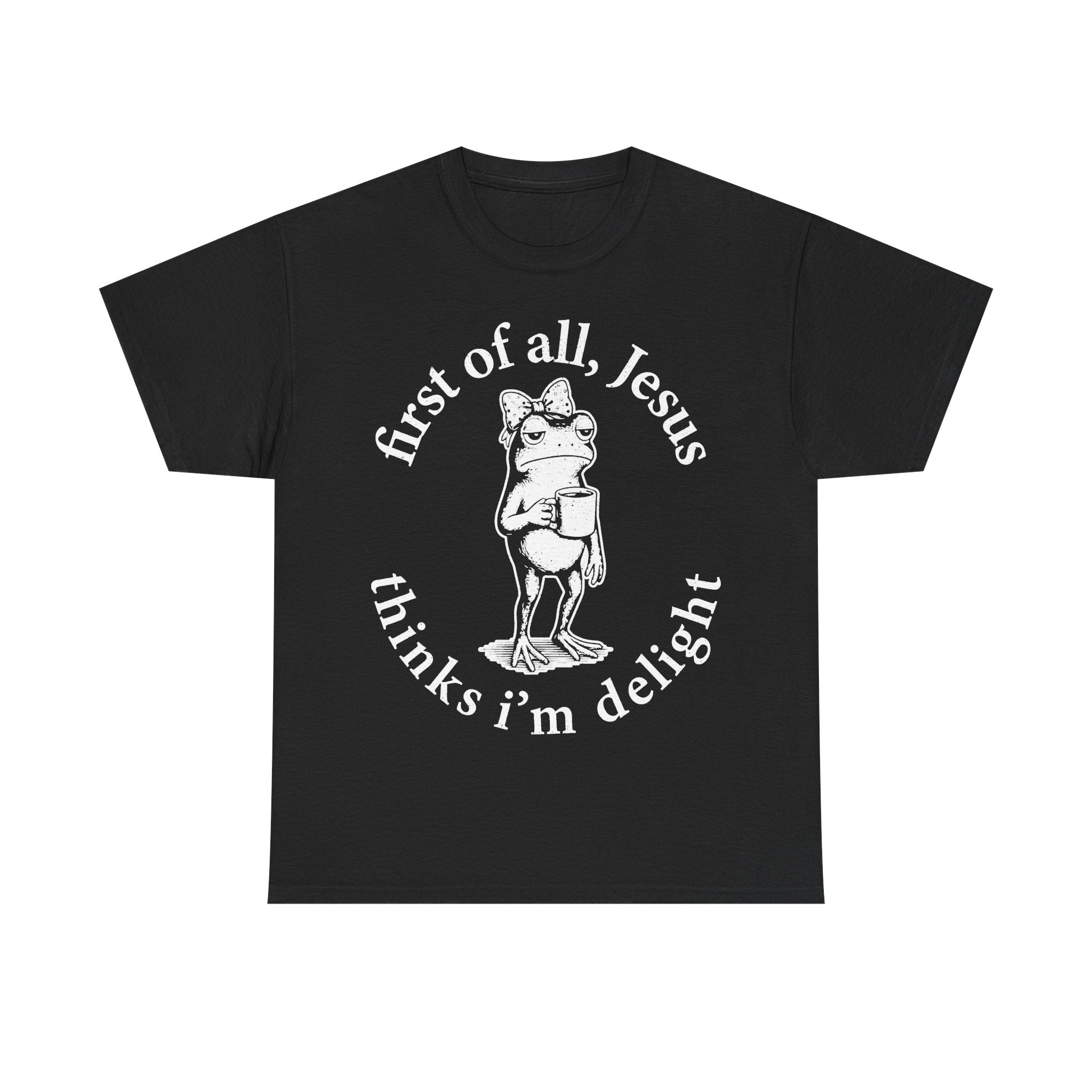 T-shirt, black with bold white frog illustration wearing a bow tie, holding a mug, inside a circular text design.