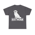 T-shirt gray with white retro golden retriever wearing sunglasses and Stay Golden text.