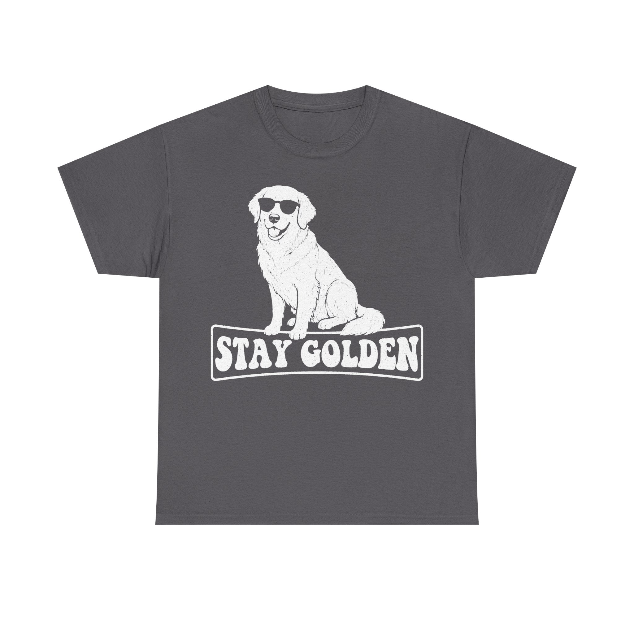 T-shirt gray with white retro golden retriever wearing sunglasses and Stay Golden text.