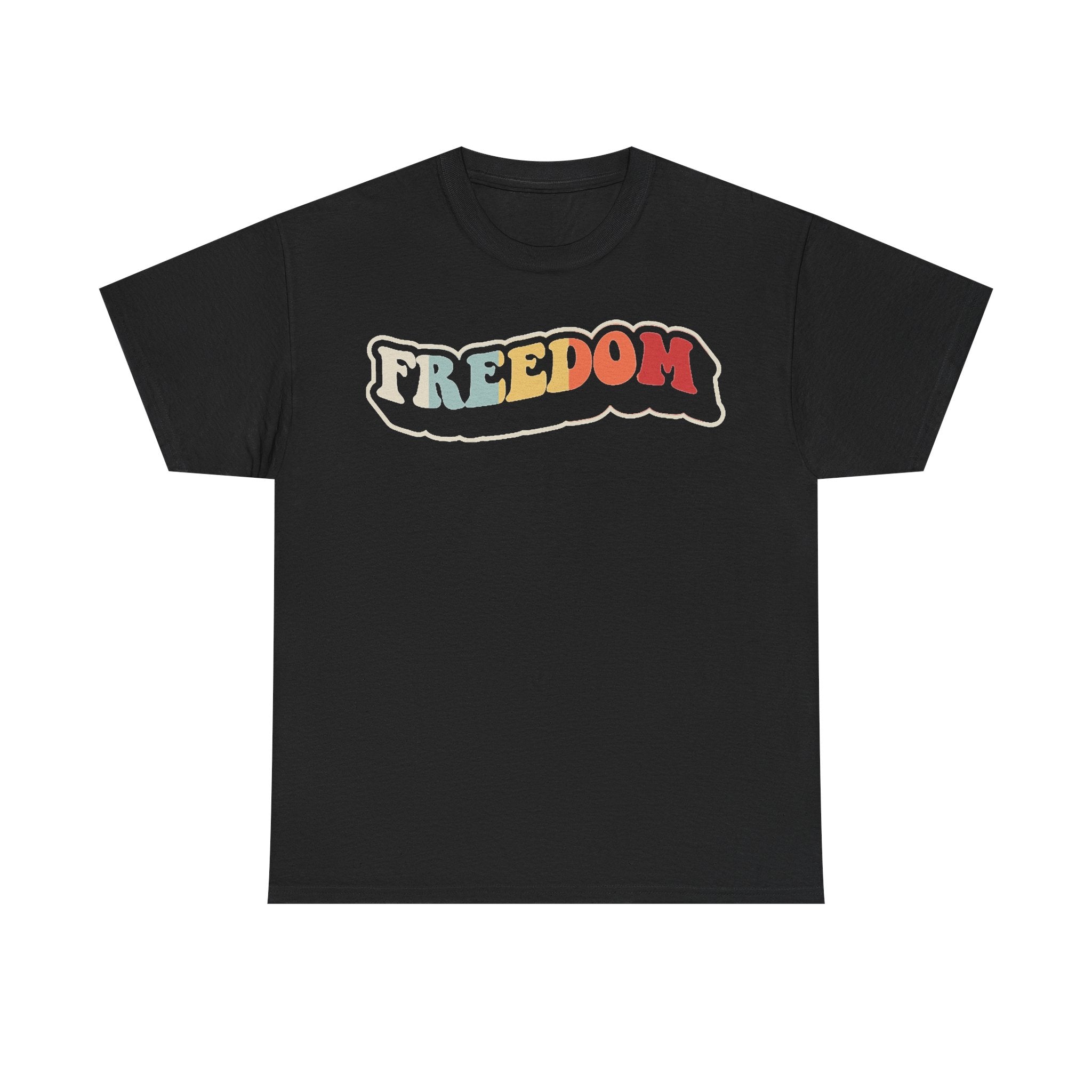 Black unisex T-shirt with retro rainbow FREEDOM graphic and bold white outline lettering.