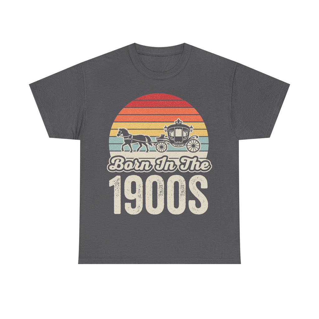 Charcoal gray T-shirt featuring a retro sunset circle with a horse-drawn carriage and the text Born In The 1900s.