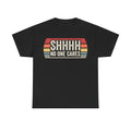 Shhh No One Cares Retro Sunset Design On Black Tee For Humor Lovers Everyday Casual Wear Statement