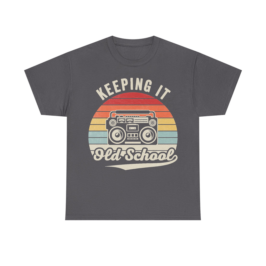 T-shirt in dark gray with retro boombox graphic and multi-color sunset stripes, featuring Keeping It Old-School typography
