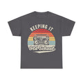 T-shirt in dark gray with retro boombox graphic and multi-color sunset stripes, featuring Keeping It Old-School typography