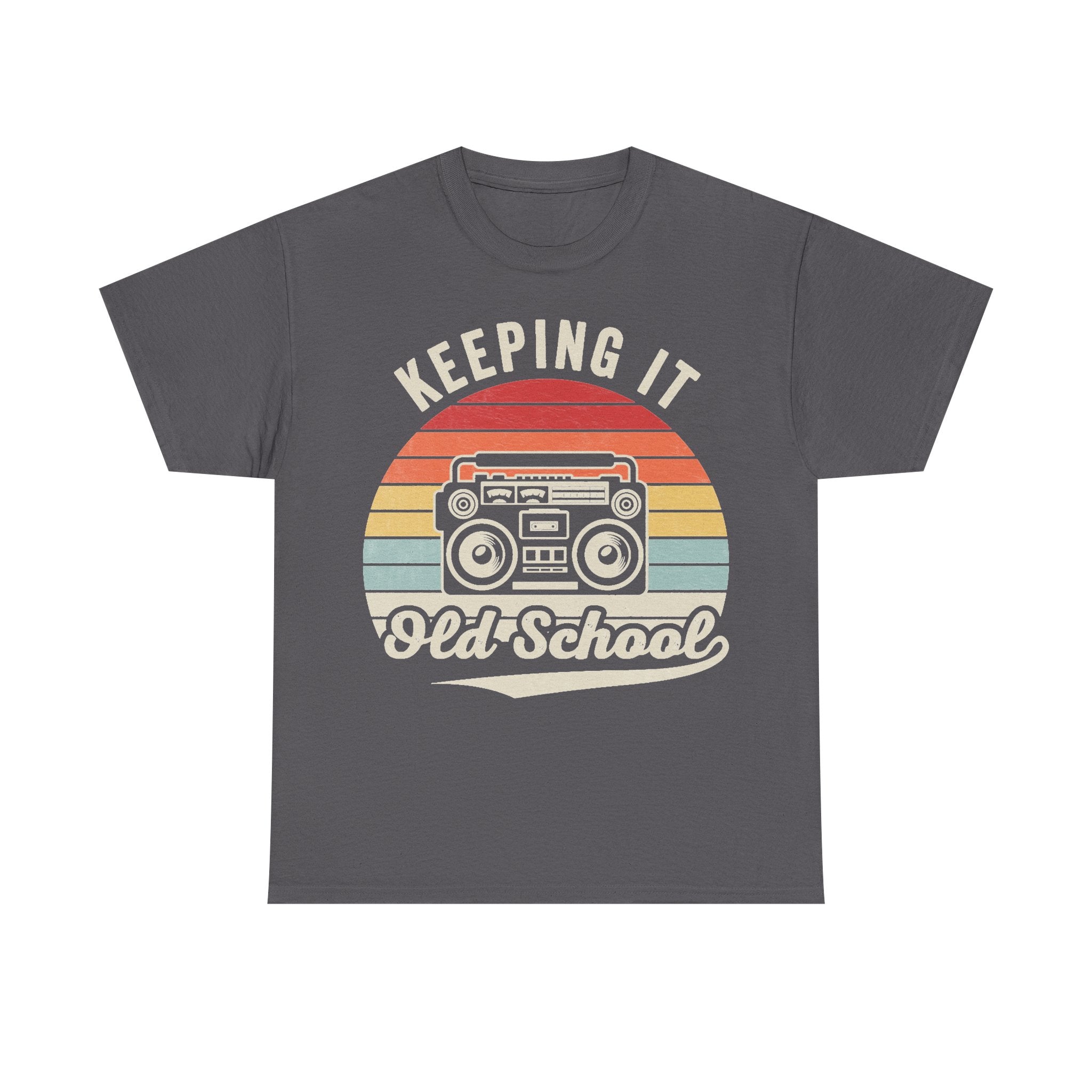 T-shirt in dark gray with retro boombox graphic and multi-color sunset stripes, featuring Keeping It Old-School typography
