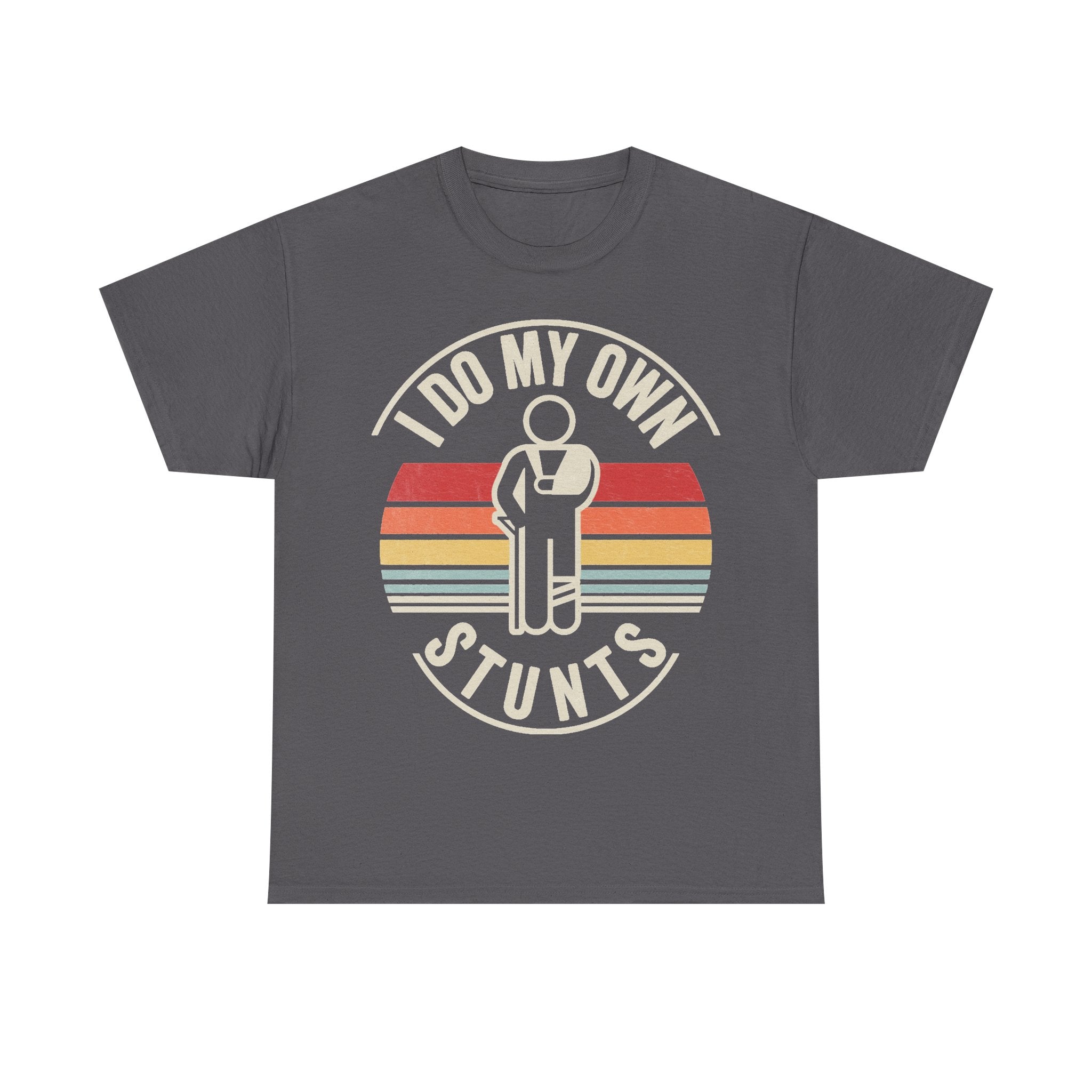 T-shirt with retro sunset circle design on charcoal fabric featuring I DO MY OWN STUNTS.